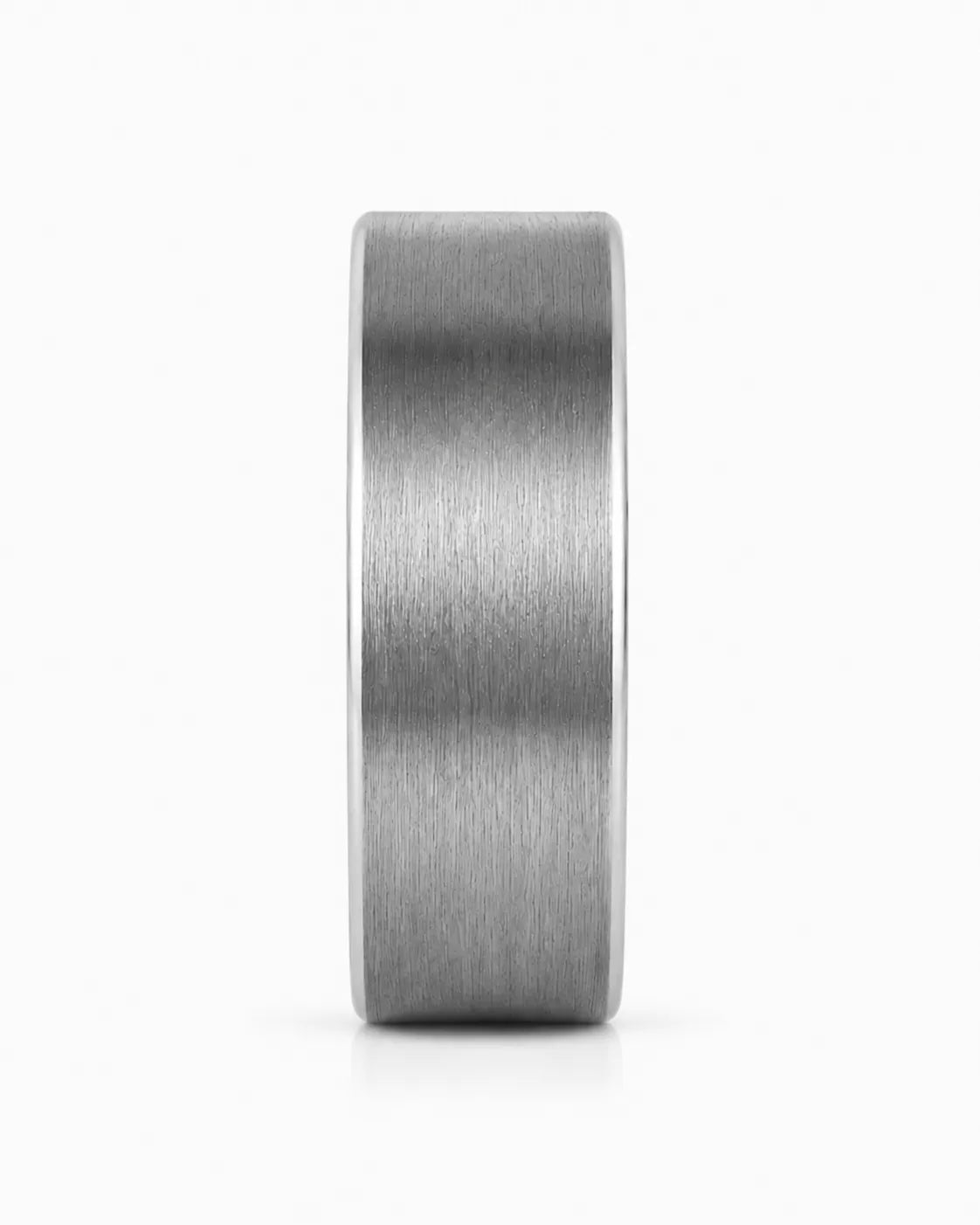Front view of a brushed silver tungsten wedding ring with a maple wood sleeve interior.