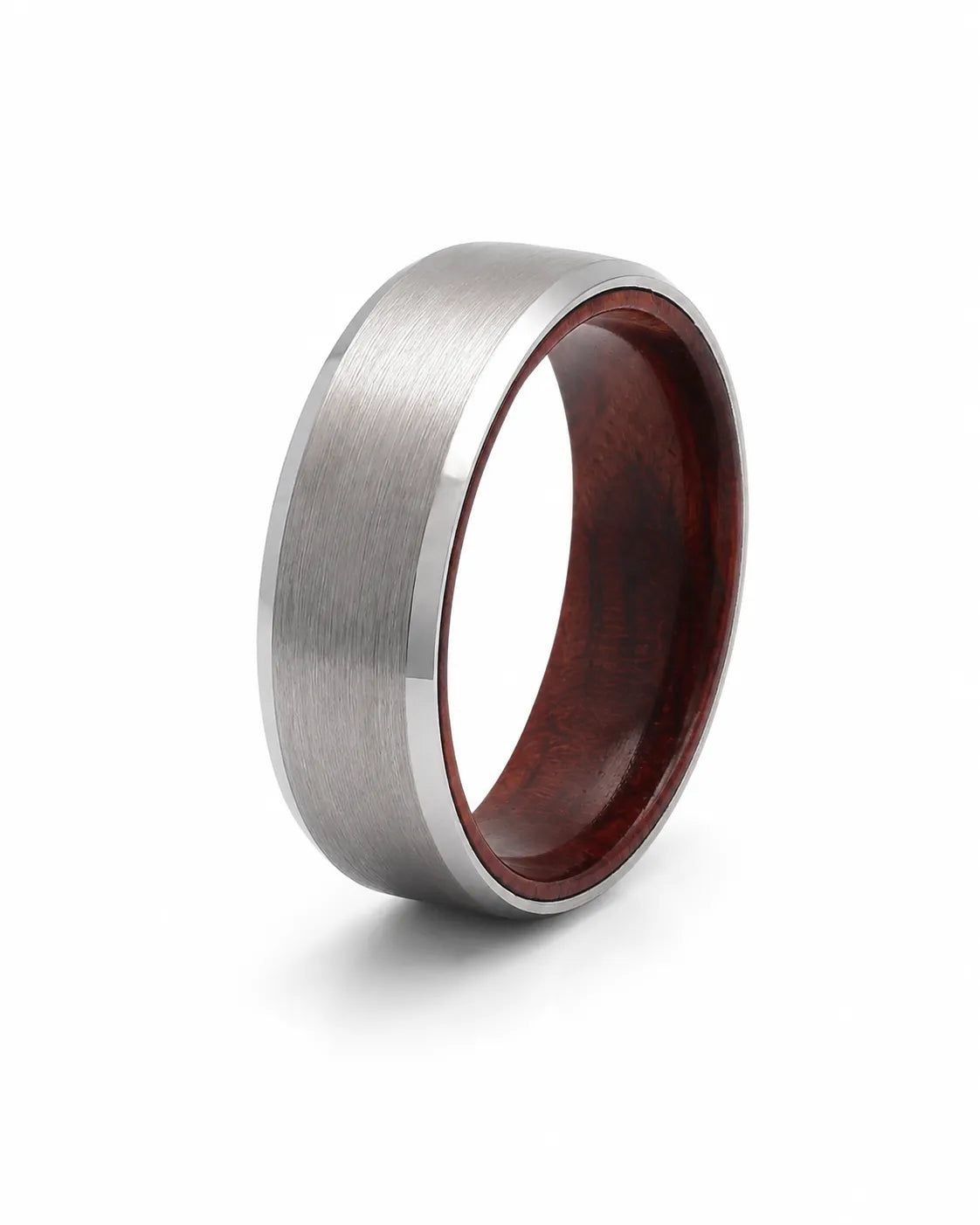 Angled view of an 8mm brushed silver tungsten ring with polished edges and maple wood sleeve interior