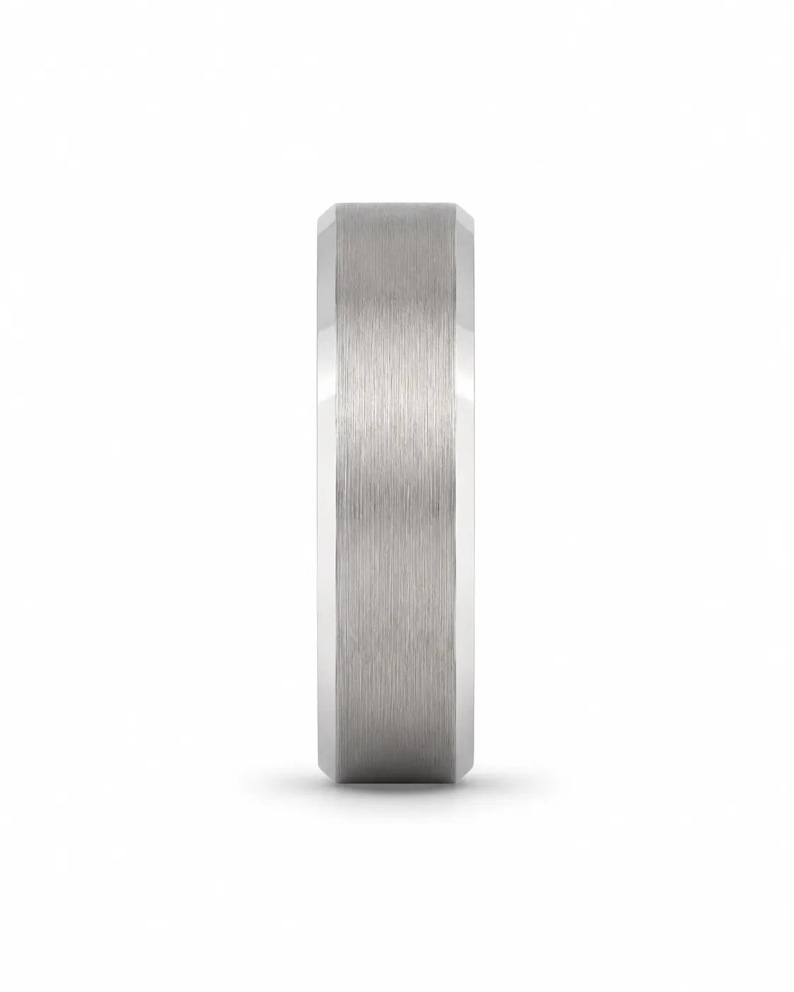 Front view of an 8mm brushed silver tungsten wedding band with polished edges and maple wood sleeve interior