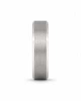 Front view of an 8mm brushed silver tungsten wedding band with polished edges and maple wood sleeve interior