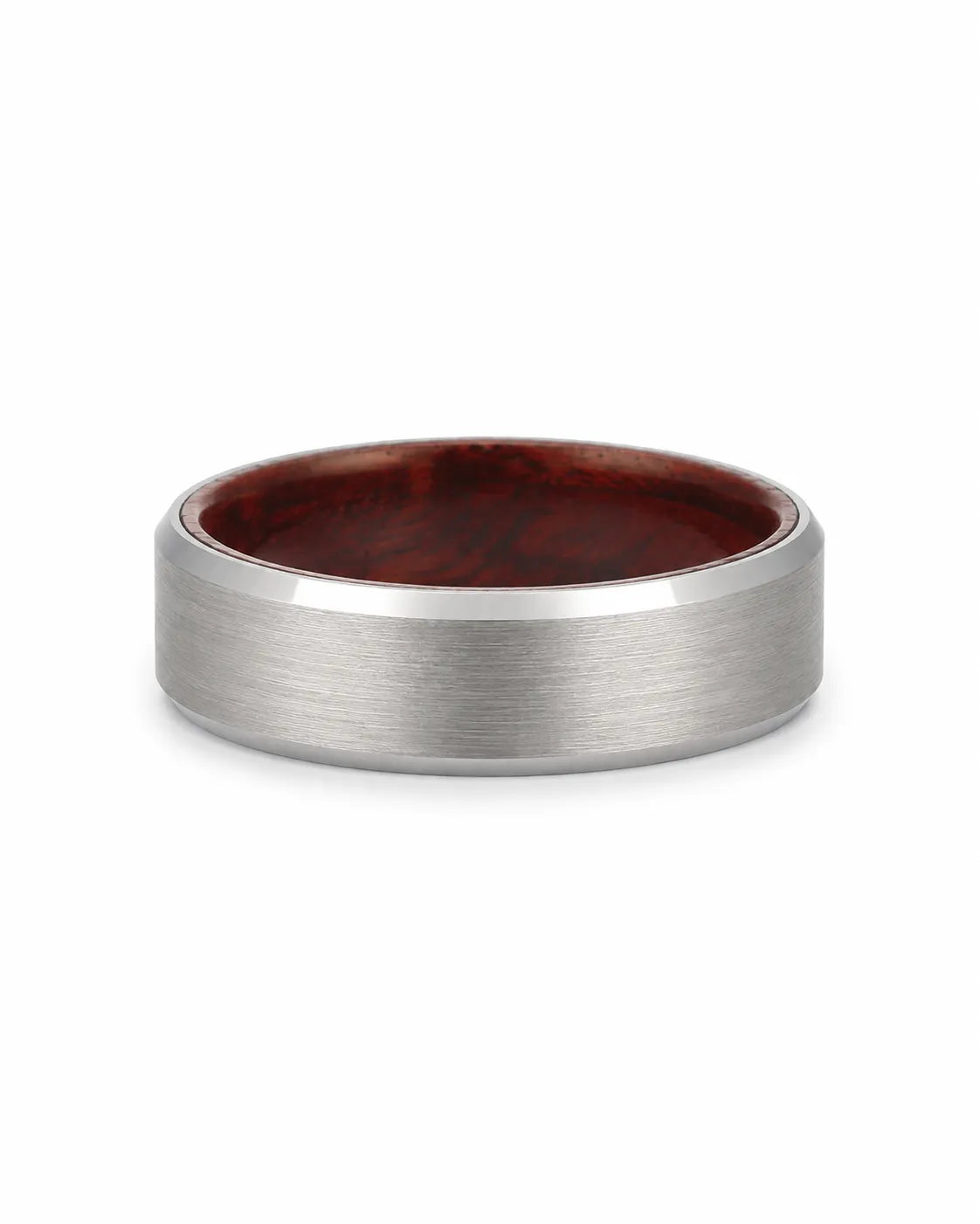 8mm brushed silver tungsten wedding ring with polished edges and maple wood sleeve interior