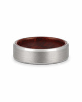 8mm brushed silver tungsten wedding ring with polished edges and maple wood sleeve interior