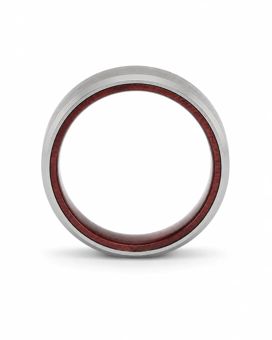 Side profile of an 8mm brushed silver tungsten wedding ring showing the comfort fit profile