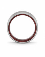 Side profile of an 8mm brushed silver tungsten wedding ring showing the comfort fit profile