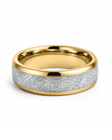 Angled view of 8mm gold tungsten wedding band with textured meteorite style centre and polished edges
