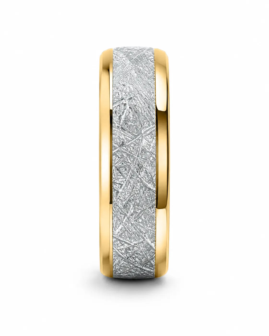 Angled view of 8mm gold tungsten wedding band with textured meteorite style centre and polished edges