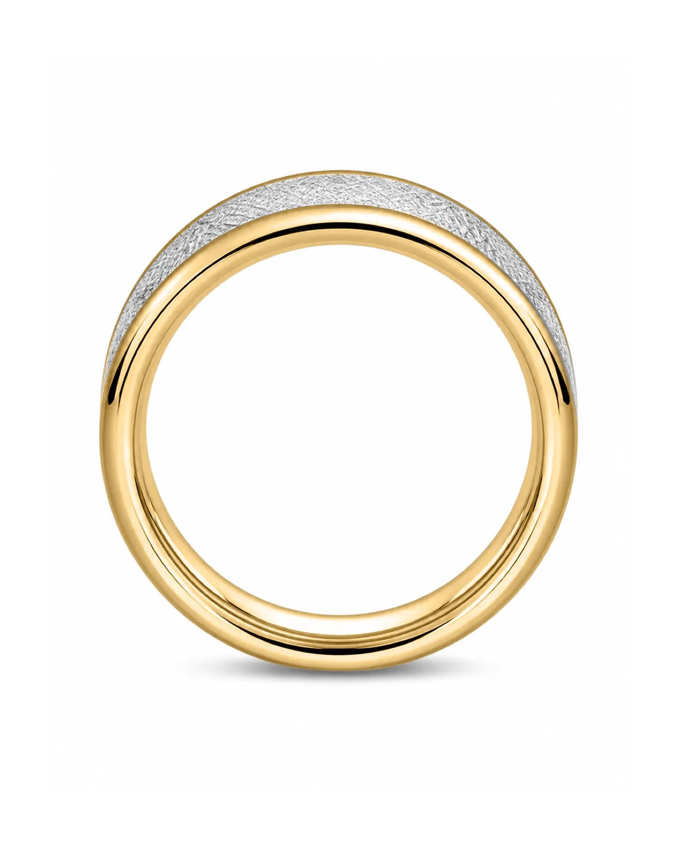 Side profile of 8mm gold meteorite inlay tungsten wedding ring showing rounded comfort fit design