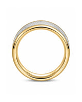 Side profile of 8mm gold meteorite inlay tungsten wedding ring showing rounded comfort fit design