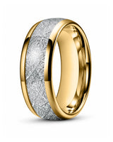 8mm gold tungsten wedding ring with textured meteorite style inlay and polished edges