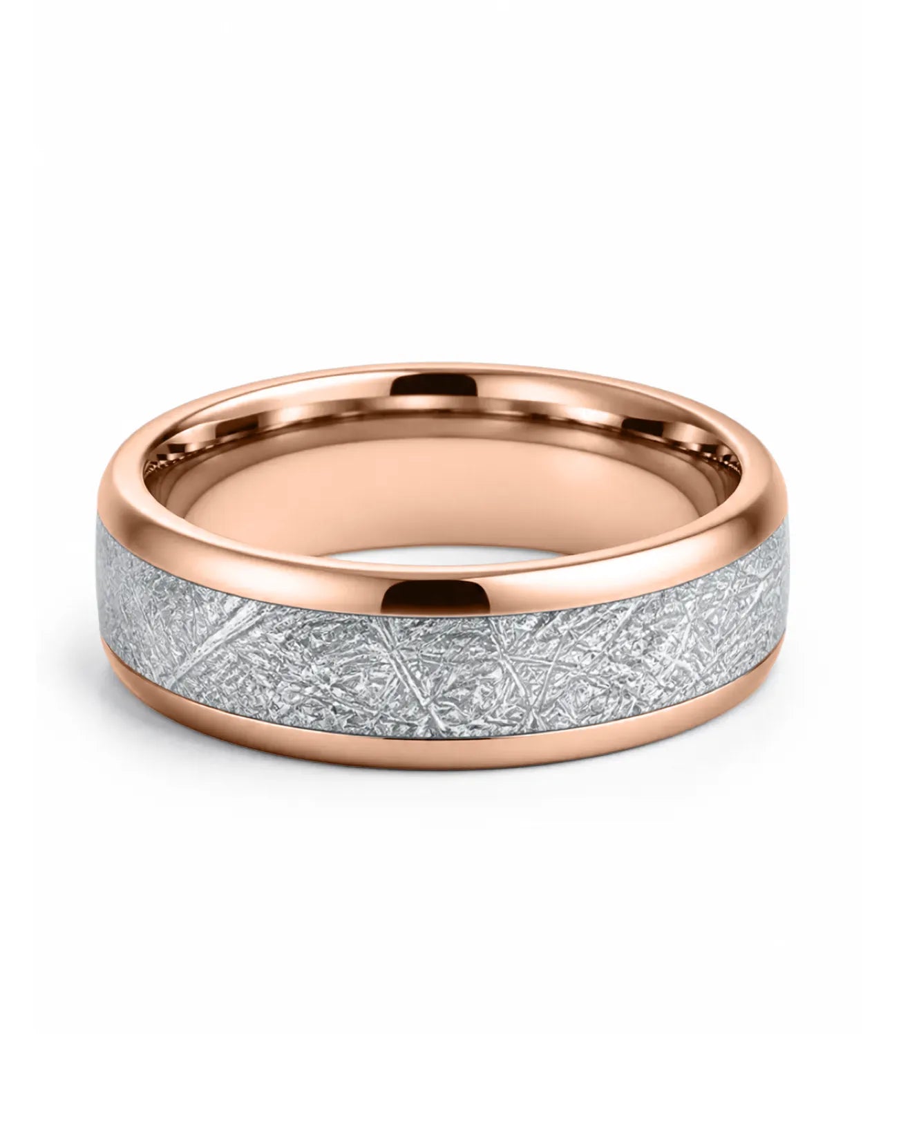 Flat profile of 8mm rose gold meteorite inlay tungsten wedding ring showing rounded comfort fit design