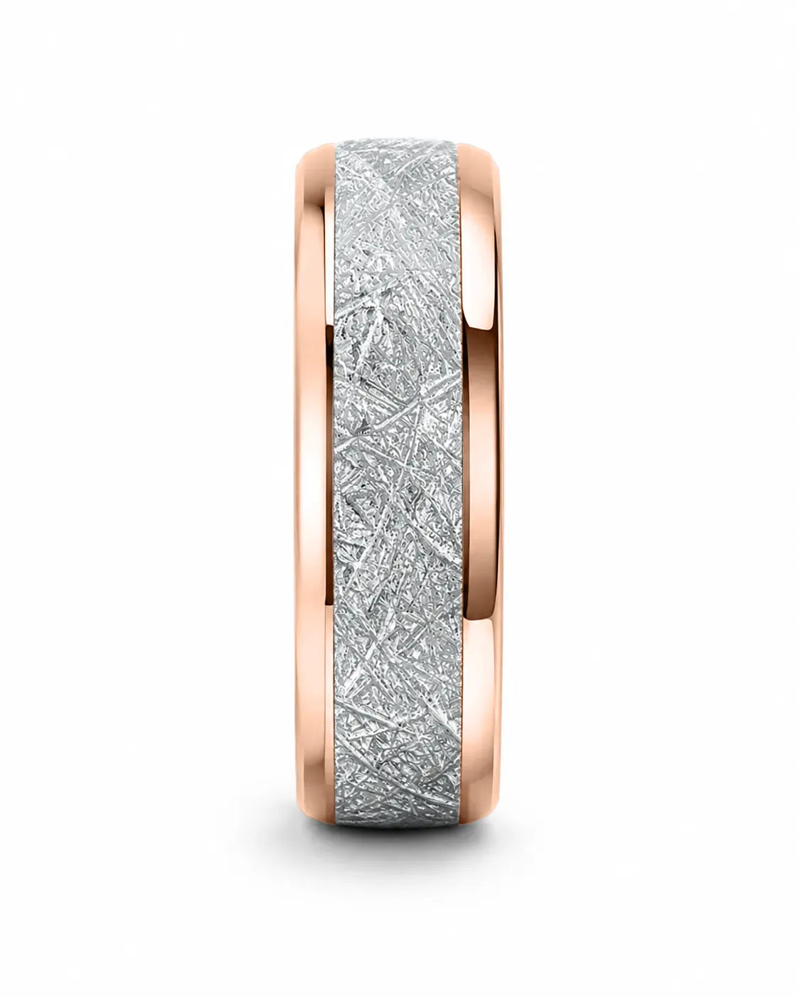 Front  profile of 8mm rose gold meteorite inlay tungsten wedding ring showing rounded comfort fit design