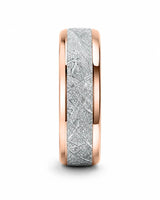Front  profile of 8mm rose gold meteorite inlay tungsten wedding ring showing rounded comfort fit design