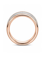 Side profile of 8mm rose gold meteorite inlay tungsten wedding ring showing rounded comfort fit design