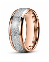 8mm rose gold tungsten wedding ring with textured meteorite style inlay and polished edges