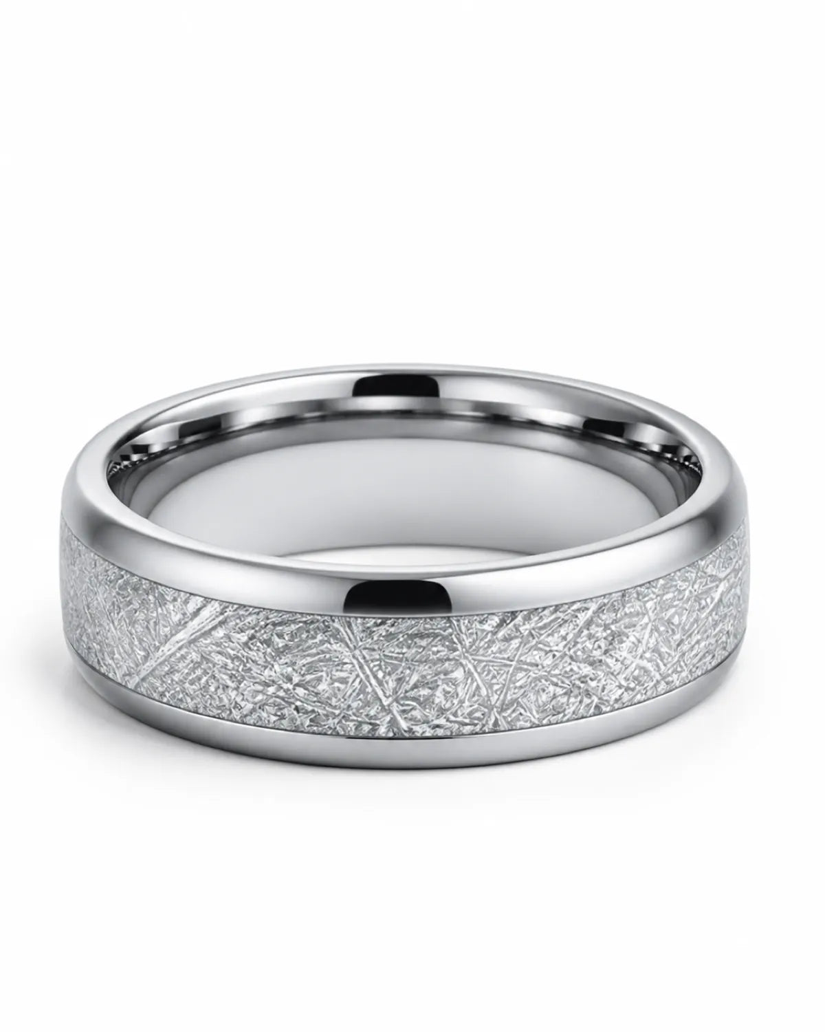 Angled view of 8mm silver tungsten wedding band with textured meteorite style centre and polished edges