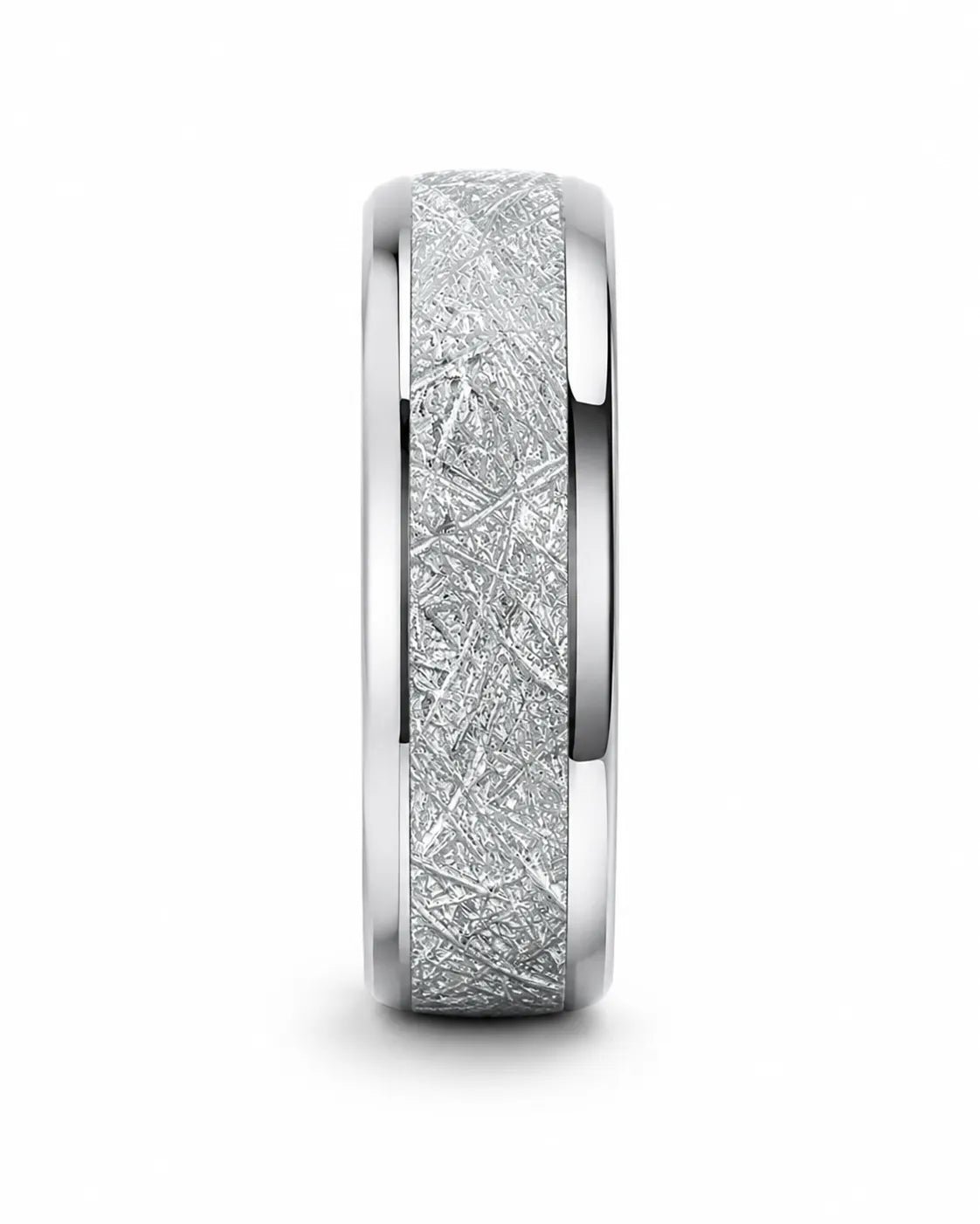 Angled view of 8mm silver tungsten wedding band with textured meteorite style centre and polished edges
