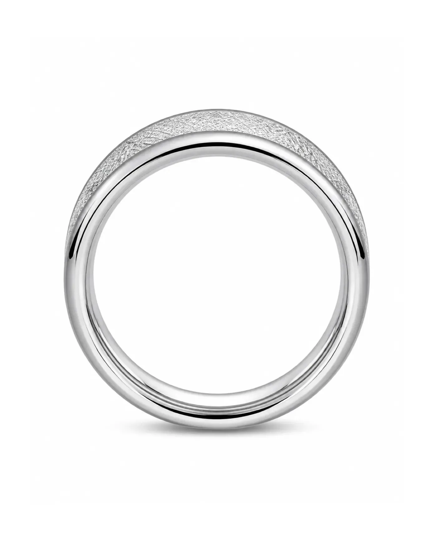 Side profile of 8mm silver meteorite inlay tungsten wedding ring showing rounded comfort fit design