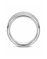 Side profile of 8mm silver meteorite inlay tungsten wedding ring showing rounded comfort fit design