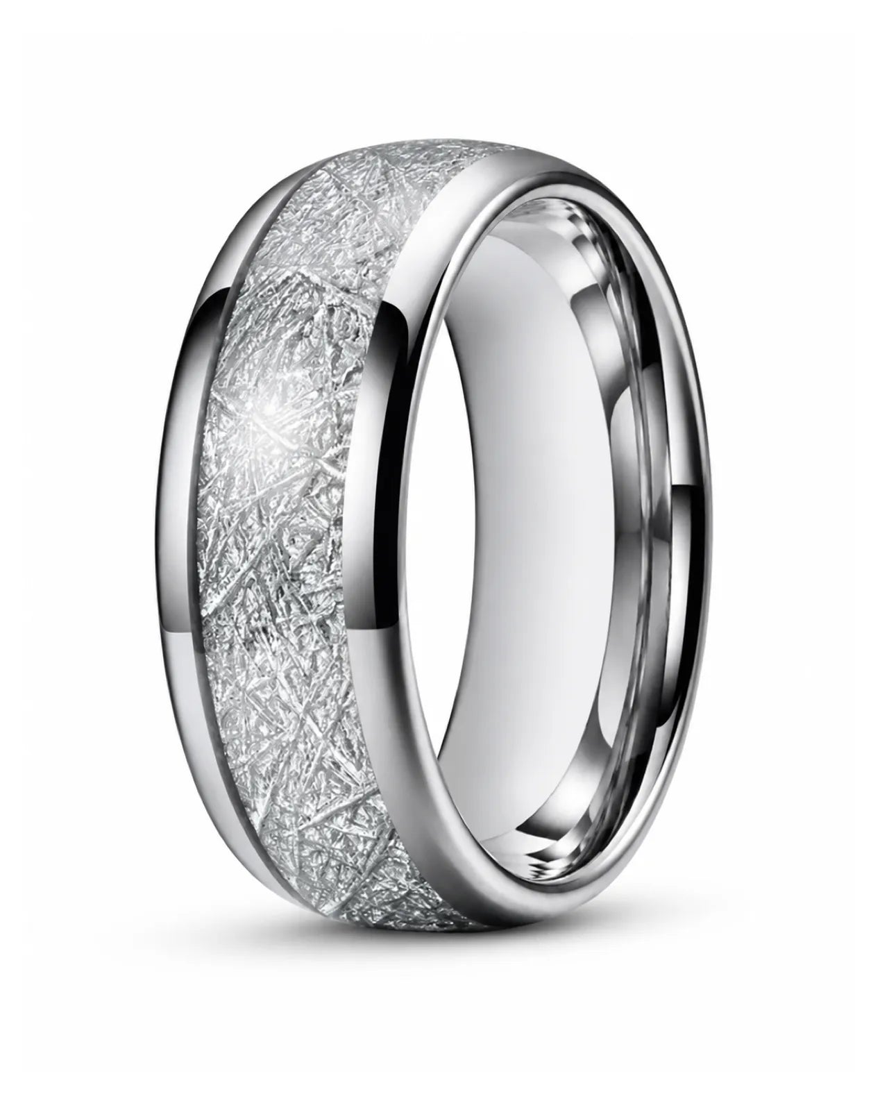 8mm silver tungsten wedding ring with textured meteorite style inlay and polished edges