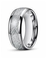 8mm silver tungsten wedding ring with textured meteorite style inlay and polished edges