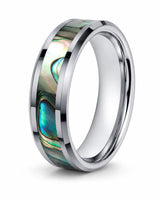 Polished silver tungsten wedding ring with a genuine green abalone shell inlay and comfort fit interior.
