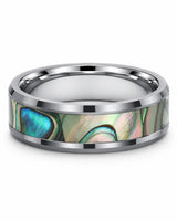 Polished silver tungsten wedding ring with a genuine green abalone shell inlay and comfort fit interior.