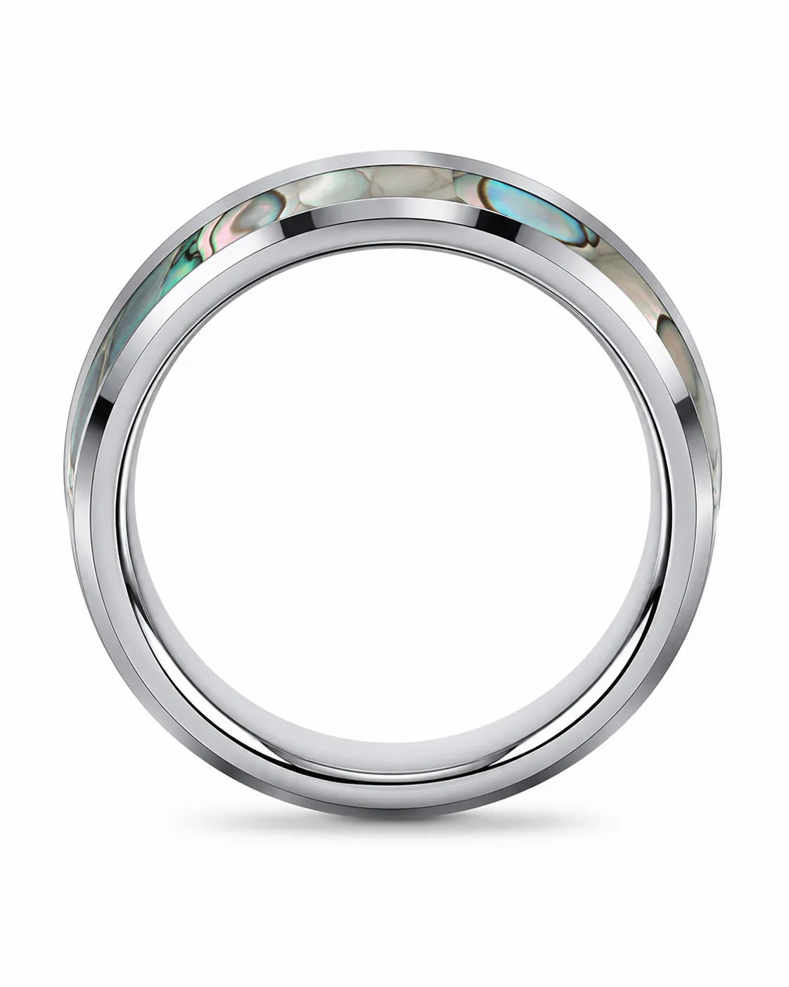 Polished silver tungsten wedding ring with a genuine green abalone shell inlay and comfort fit interior.