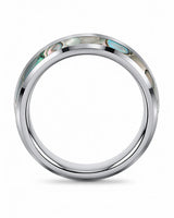 Polished silver tungsten wedding ring with a genuine green abalone shell inlay and comfort fit interior.