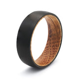 Black tungsten whiskey barrel wedding ring with a real oak wood interior.