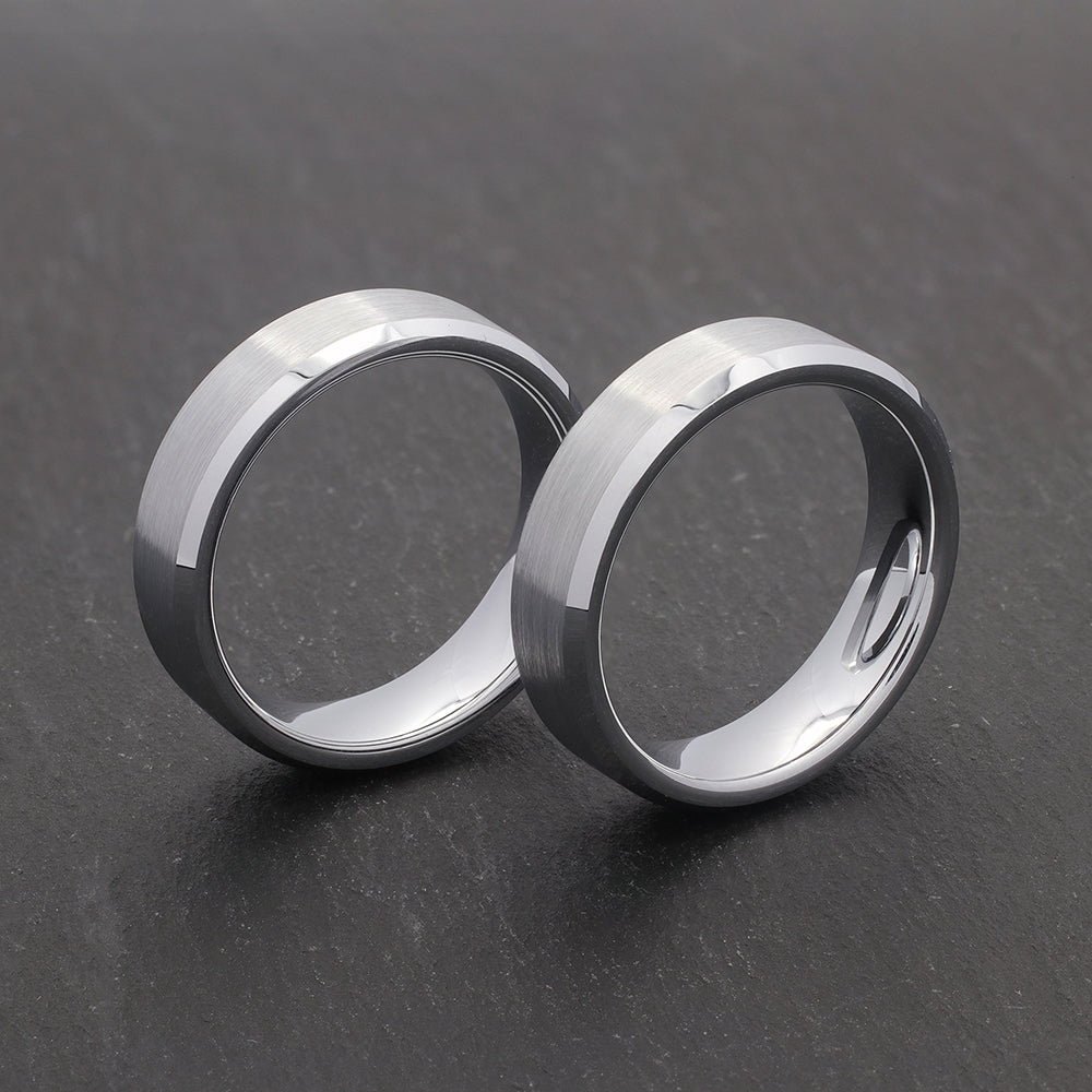 Silver tungsten wedding ring brushed centre polished beveled edges [width]