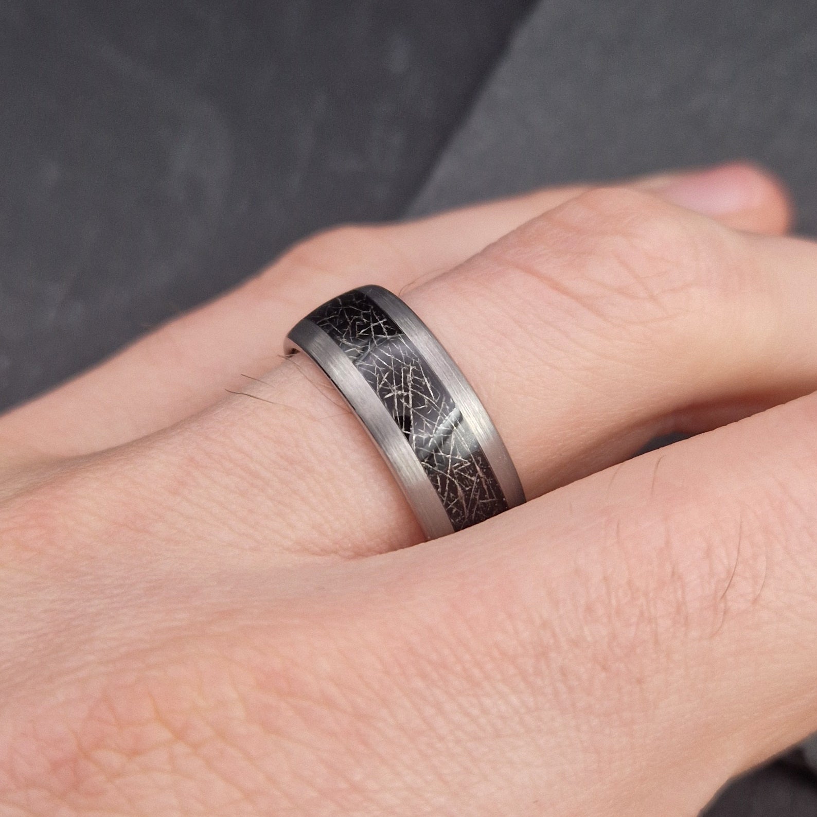 Meteorite ring for men with brushed silver finish