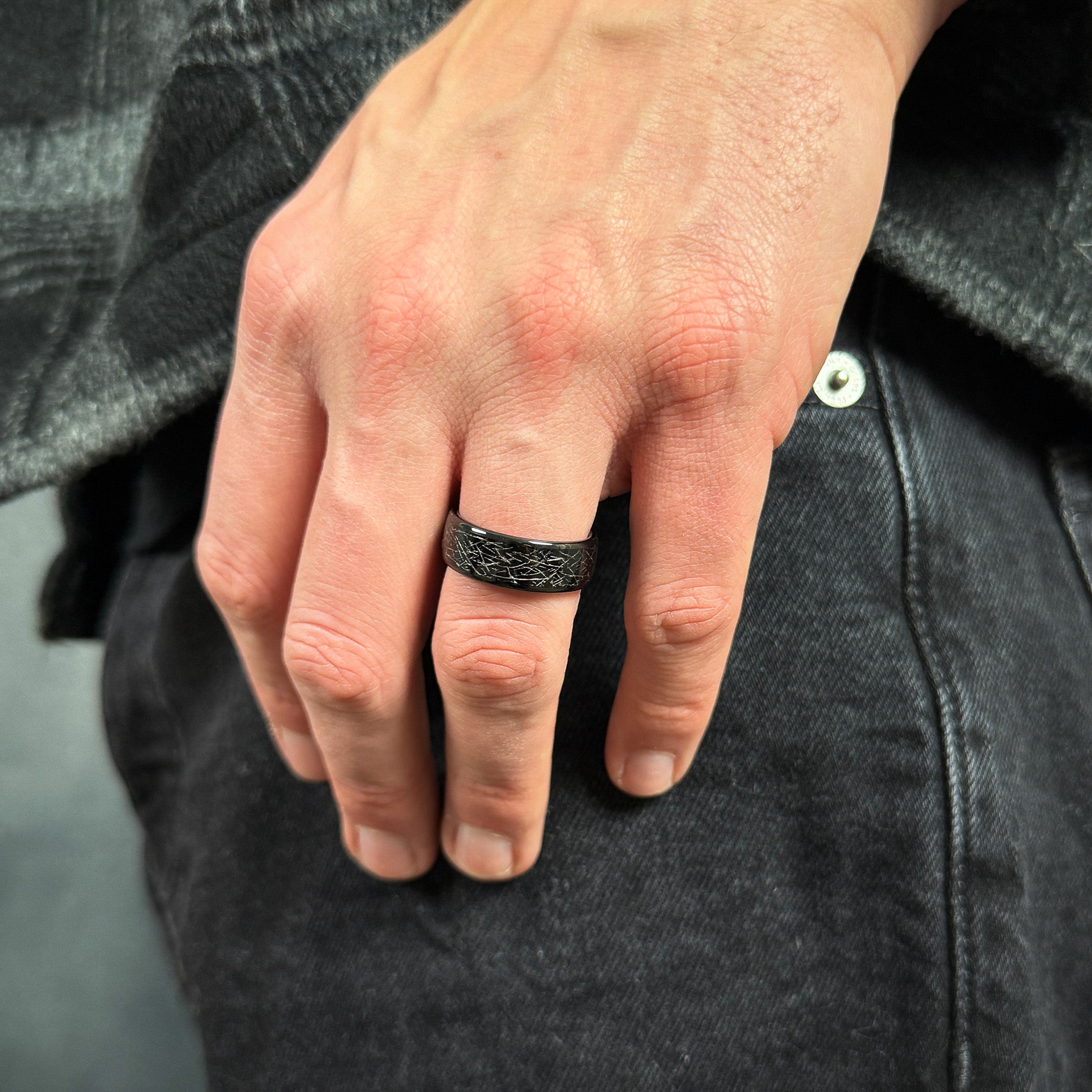 mens meteorite wedding band space inspired tungsten ring