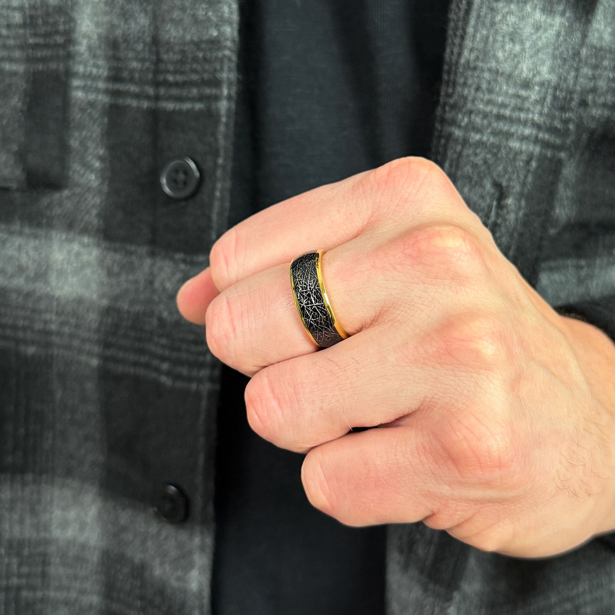 mens meteorite wedding band space inspired tungsten ring