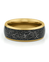 Close view of gold tungsten ring with galaxy meteorite inlay