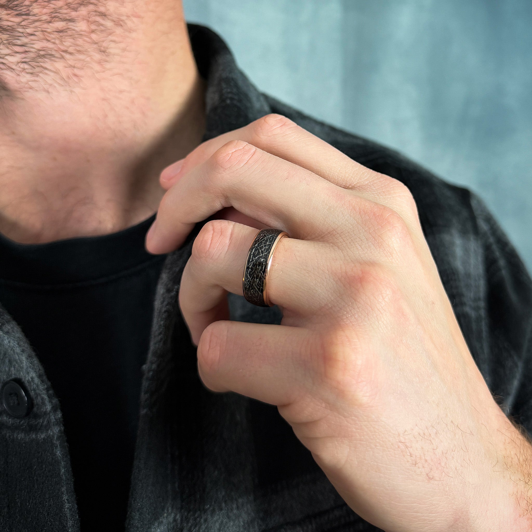 mens meteorite wedding band space inspired tungsten ring