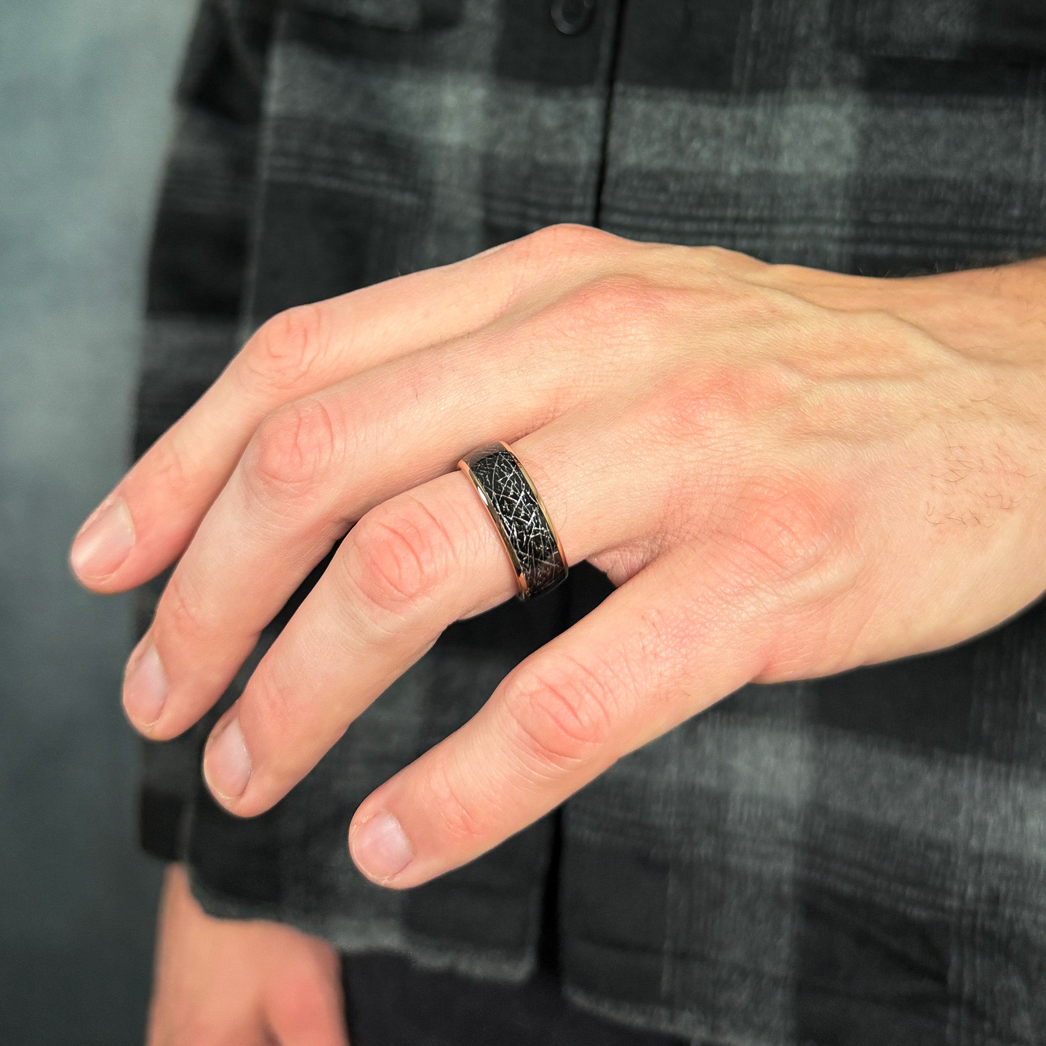 mens meteorite wedding band space inspired tungsten ring