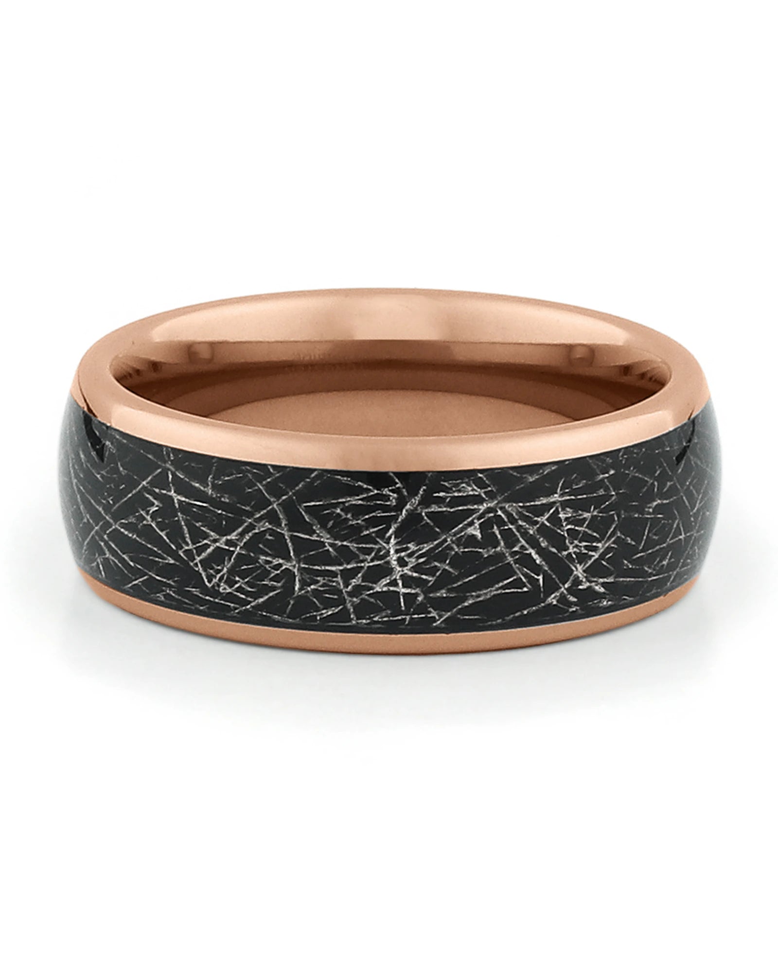 Close view of rose gold tungsten ring with galaxy meteorite inlay