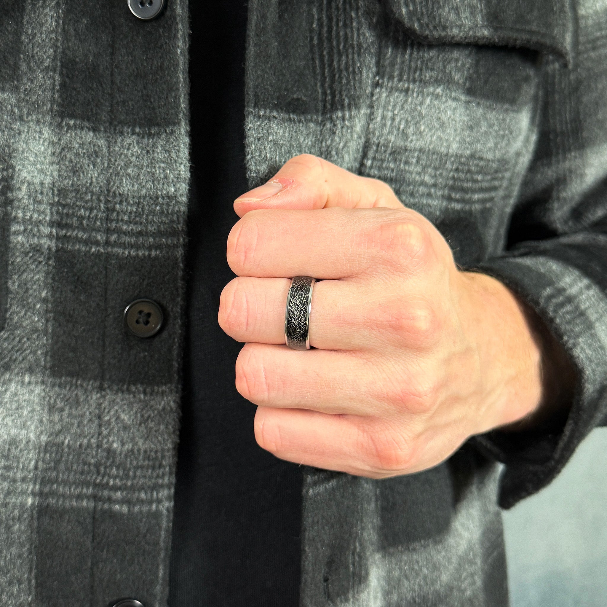 mens meteorite wedding ring polished tungsten with meteorite inlay