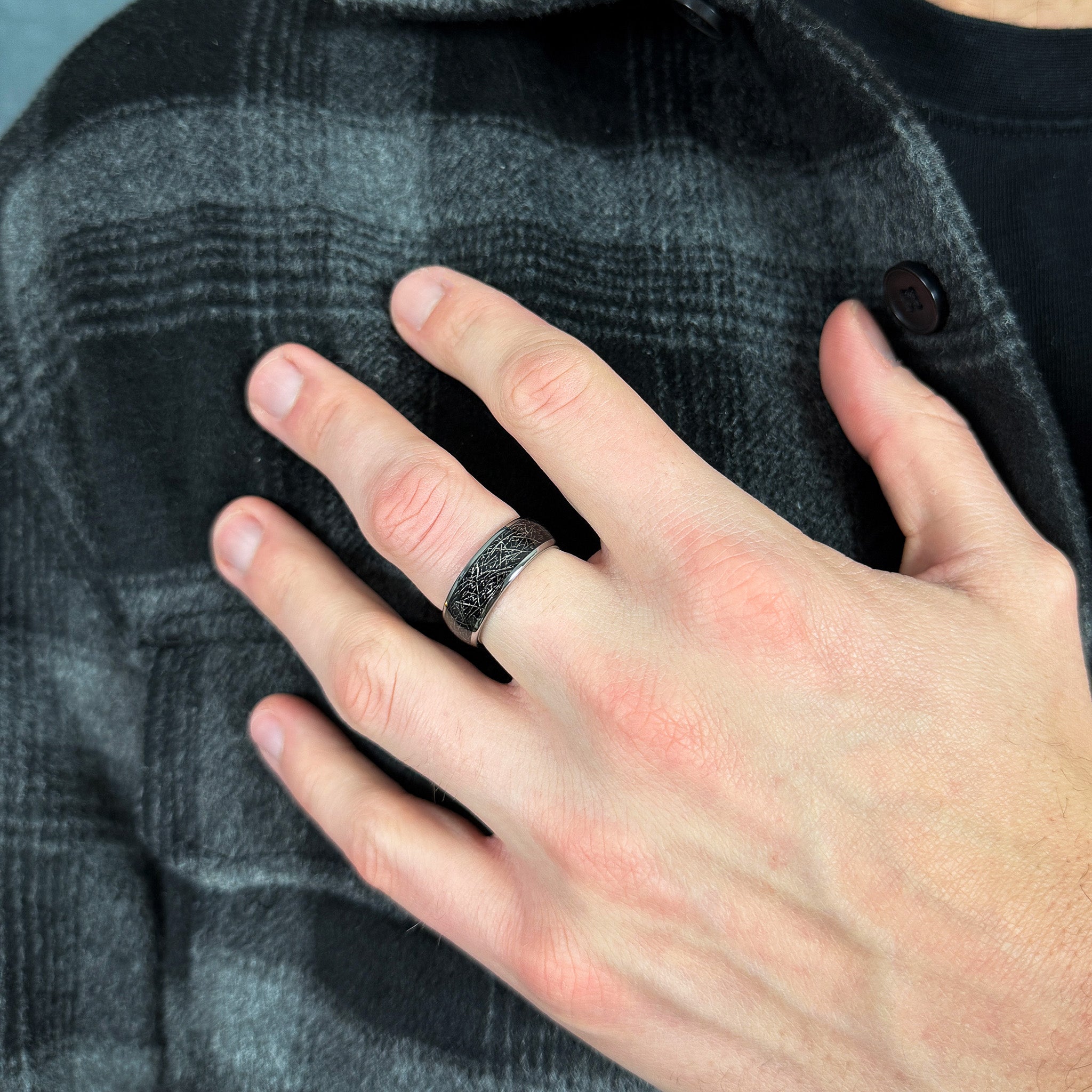 mens meteorite wedding ring polished tungsten with meteorite inlay