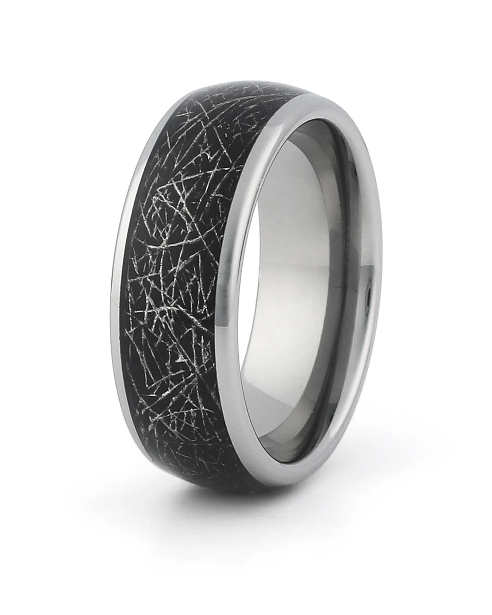 Silver tungsten meteorite ring with galaxy inlay