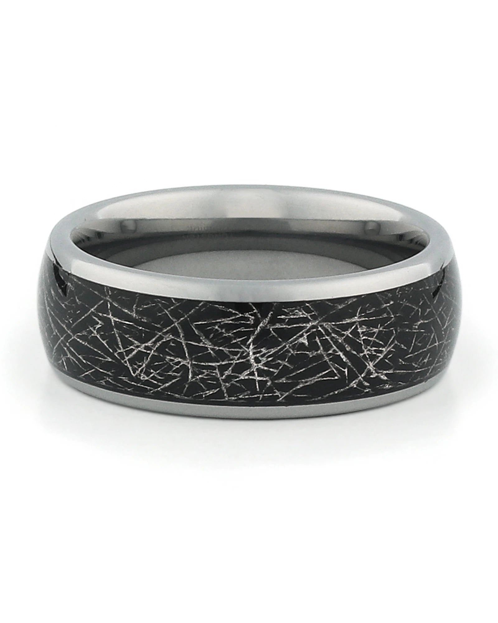 Close view of silver tungsten ring with galaxy meteorite inlay
