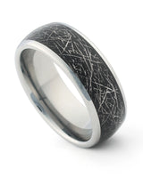 Silver galaxy and meteorite tungsten ring shown at an angle