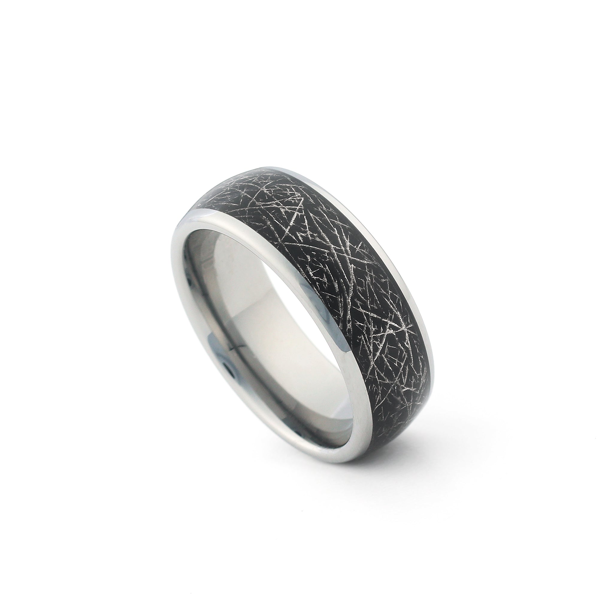 silver tungsten meteorite wedding ring for men