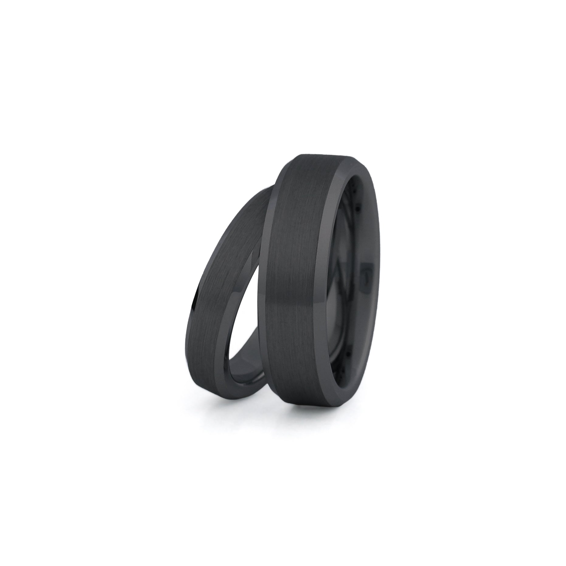 black tungsten couples wedding ring set brushed center polished beveled edges matching bands