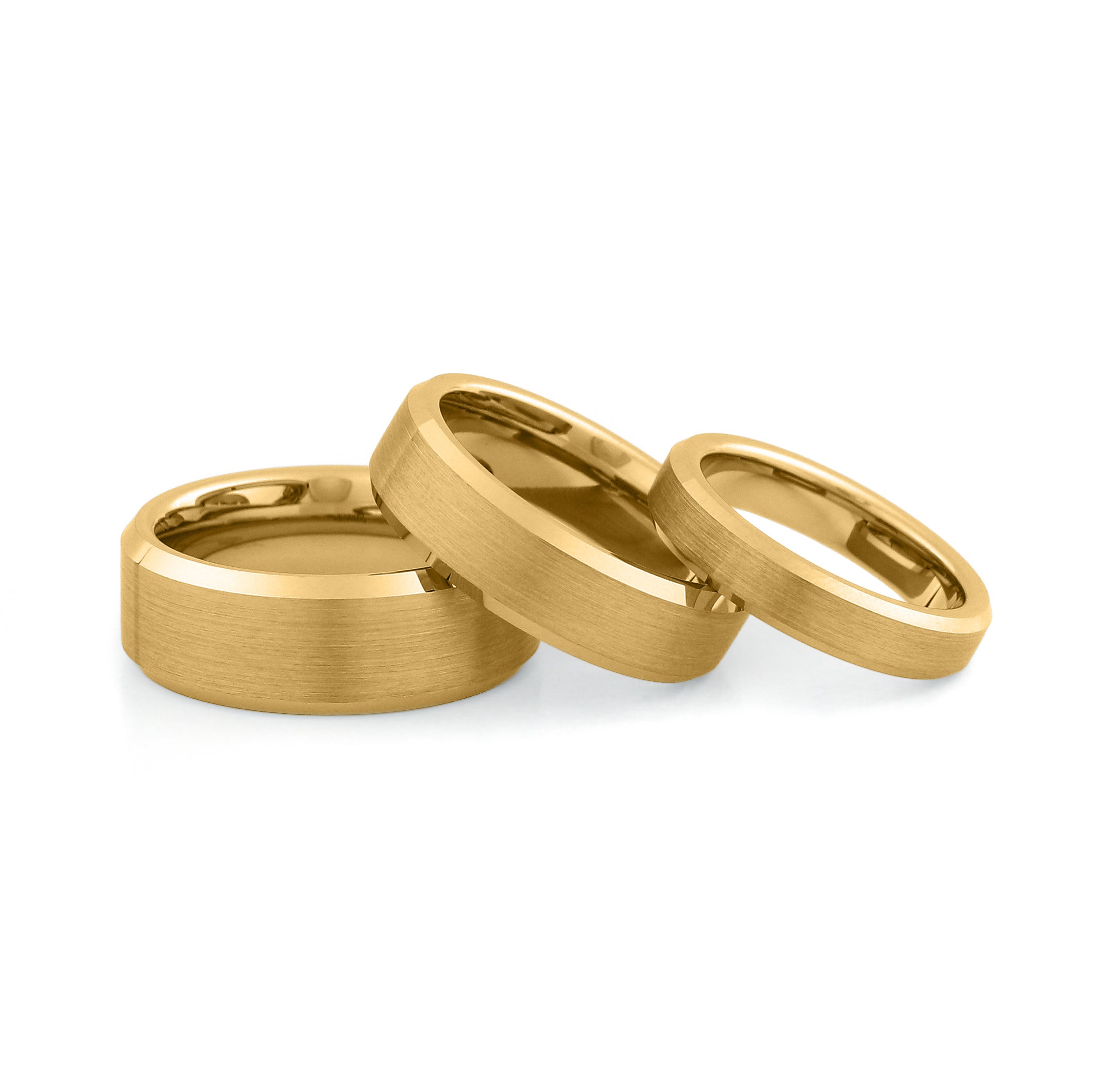 gold tungsten couples wedding band set brushed center polished beveled edges matching wedding rings