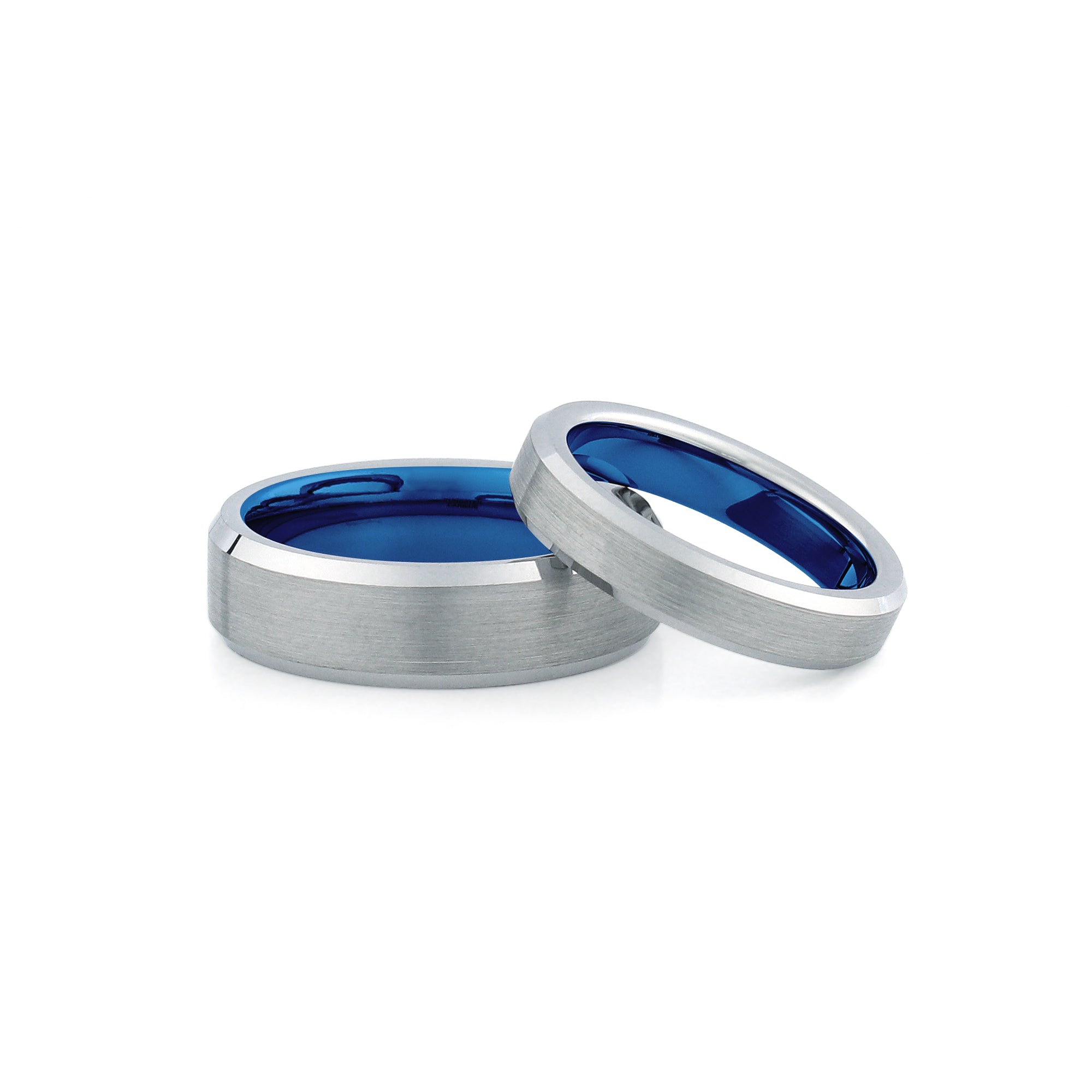 silver blue tungsten couples wedding ring set brushed center polished bevel edges blue sleeve