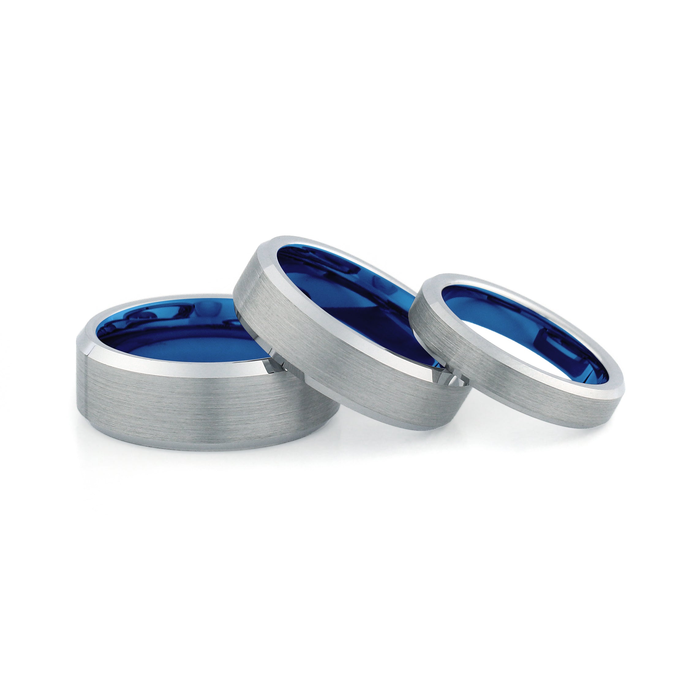 silver blue tungsten couples wedding ring set brushed center polished bevel edges blue sleeve