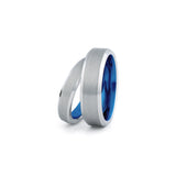 silver blue tungsten couples wedding ring set brushed center polished bevel edges blue sleeve
