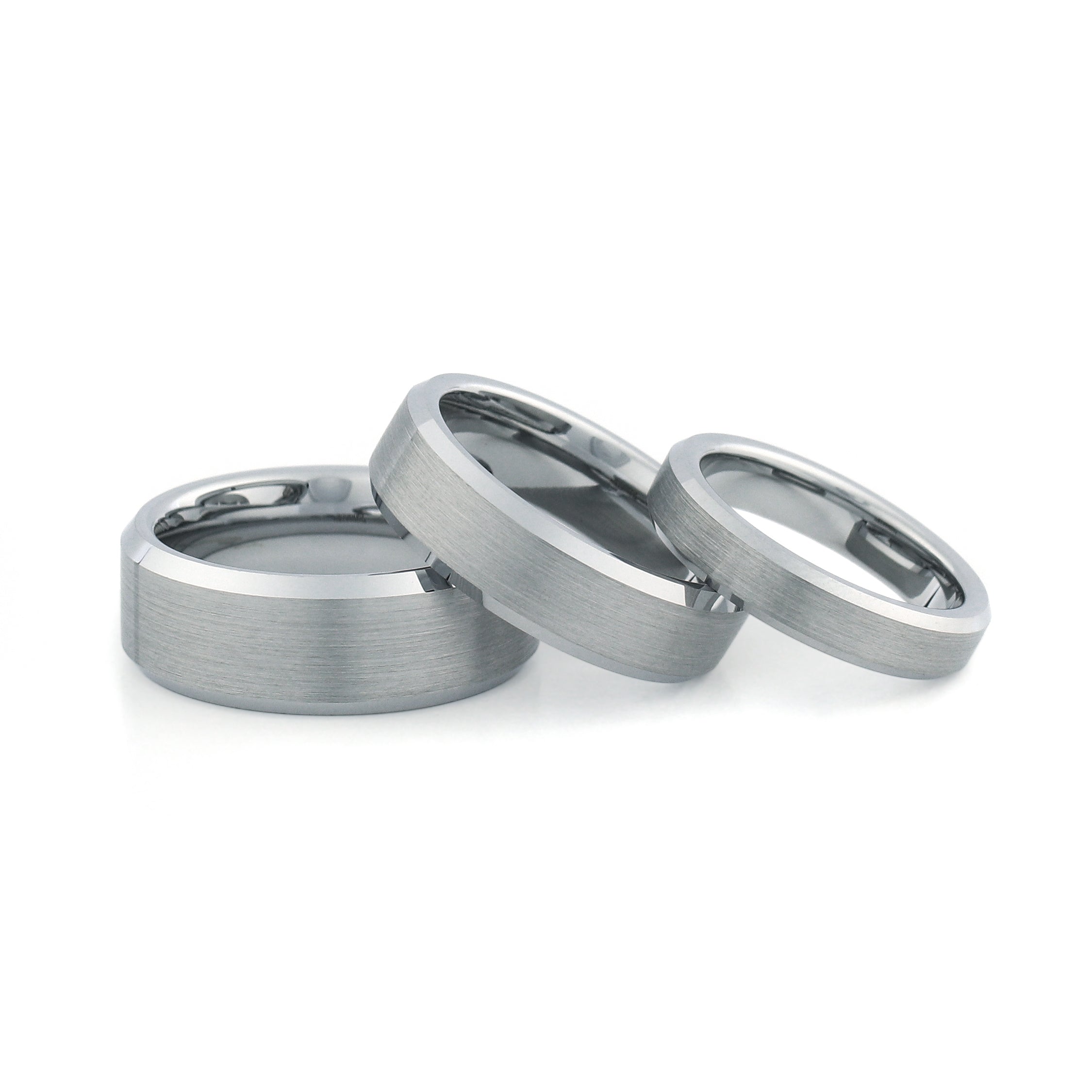 silver tungsten couples wedding ring set brushed center polished beveled edges matching wedding bands