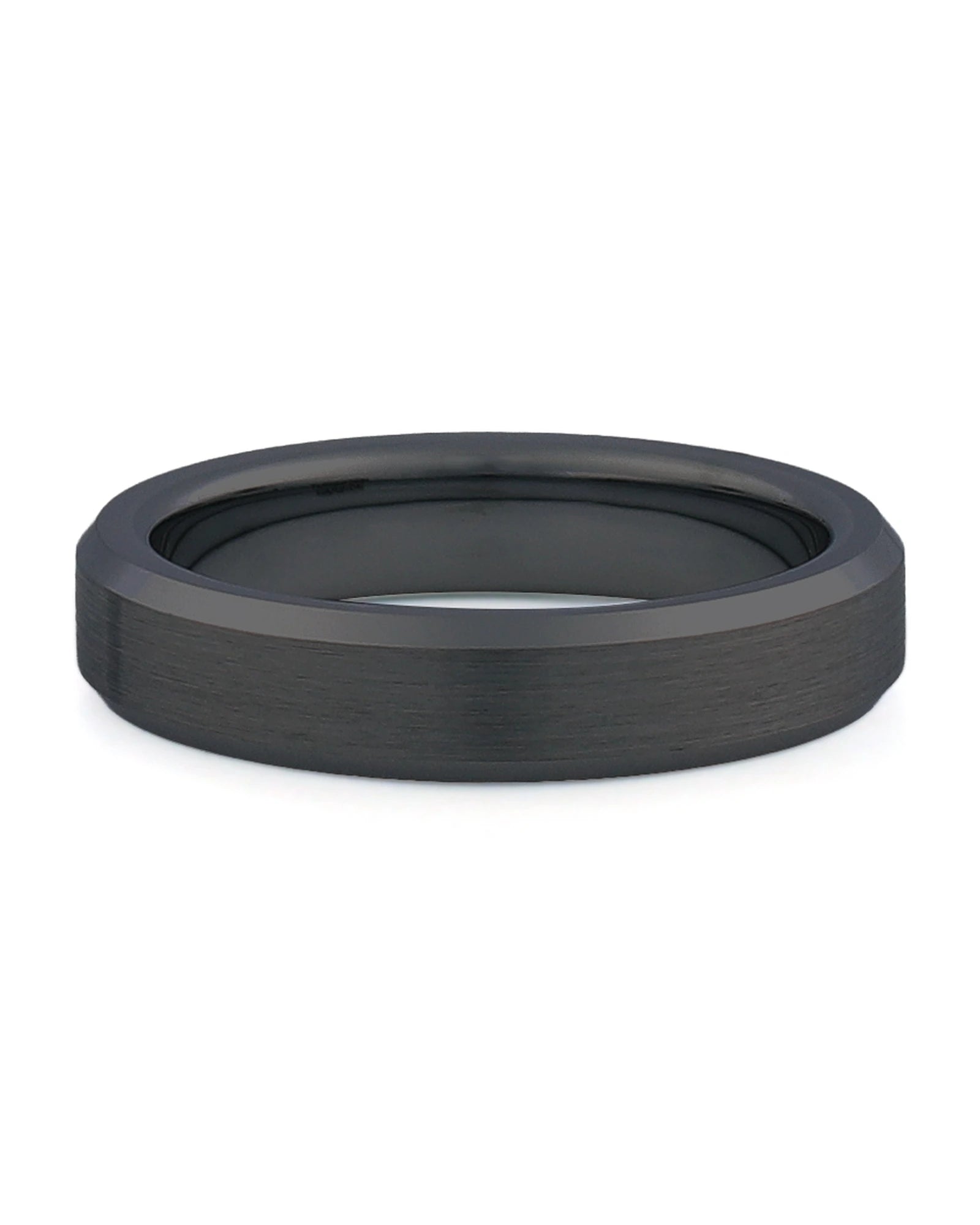 Front view of black 4mm bevelled tungsten wedding band